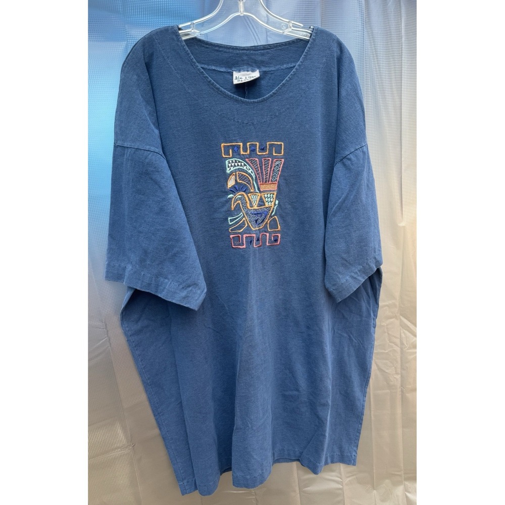 Vintage 90s Liz and Jane Blue Embroidered Oversized Tunic 1X USA 100% Cotton